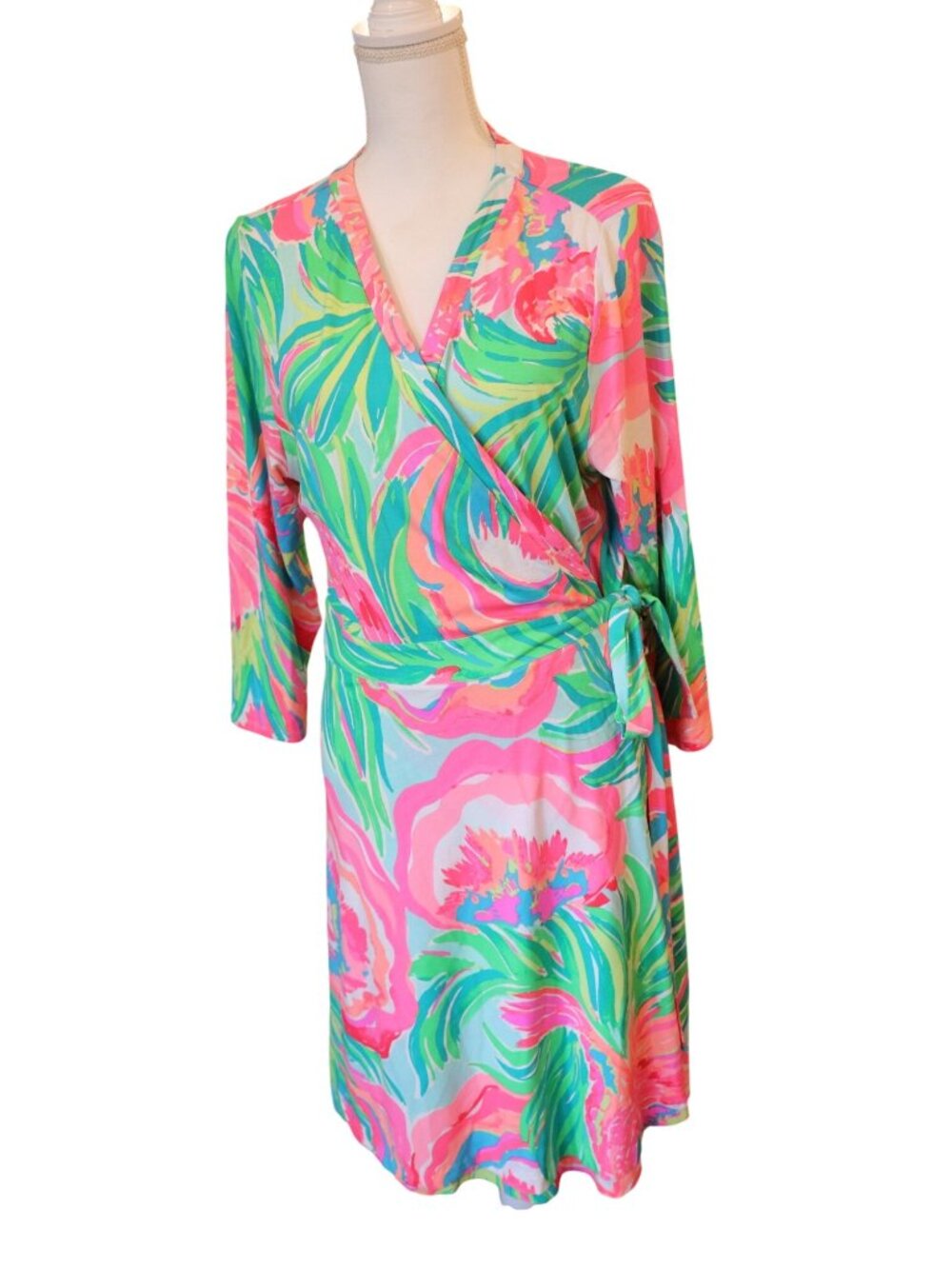 Lilly Pulitzer Floral Wrap Dress XL Pink Green Tropical Rayon